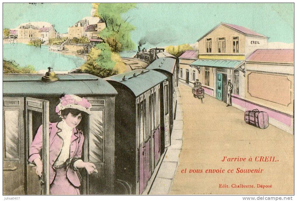 CREIL (60) Carte Fantaisie Souvenir Train - Creil