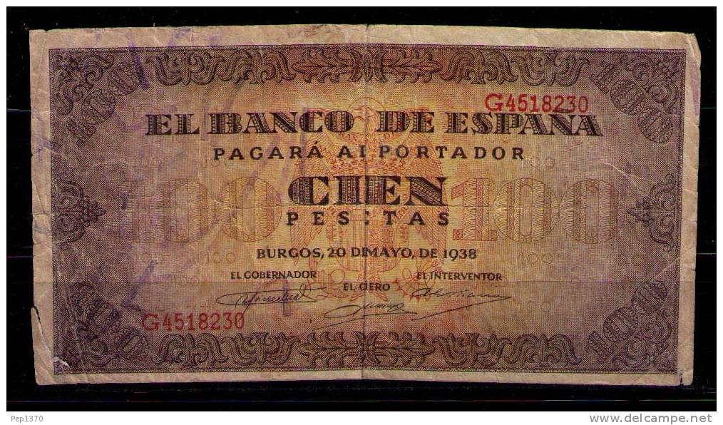 BILLETE DE 100 PESETAS DE 1938 - USADO - CON ALGUN DETERIORO - 100 Pesetas