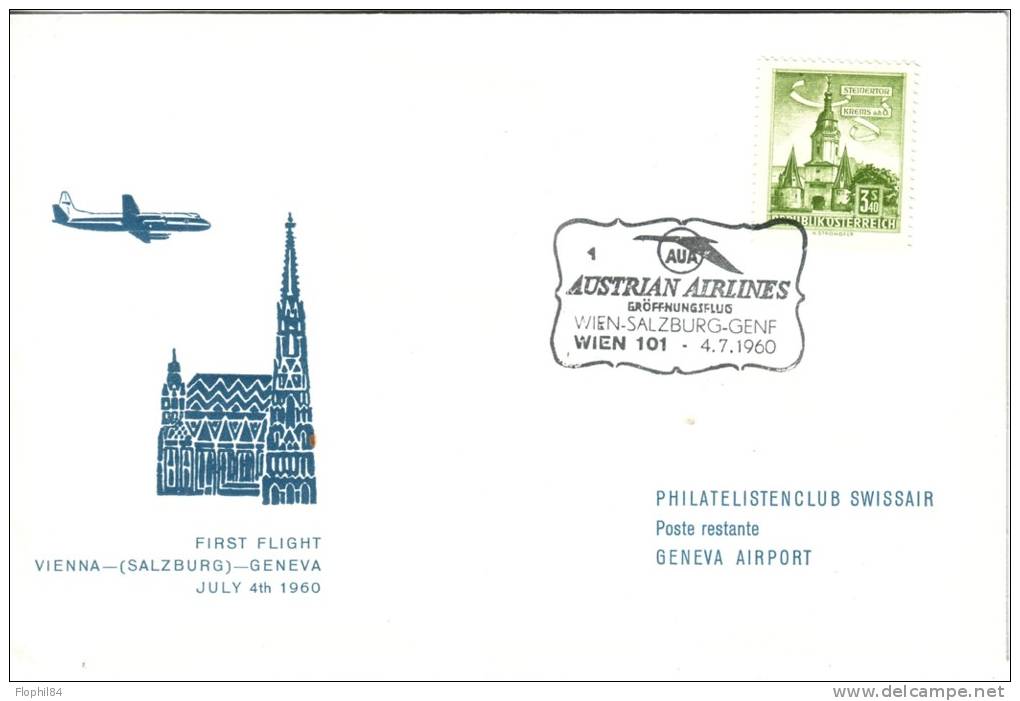 POSTE AERIENNE-1er VOL VIENNA-SALZBURG-GENEVA 4-JUILLET 1960. - Autres & Non Classés