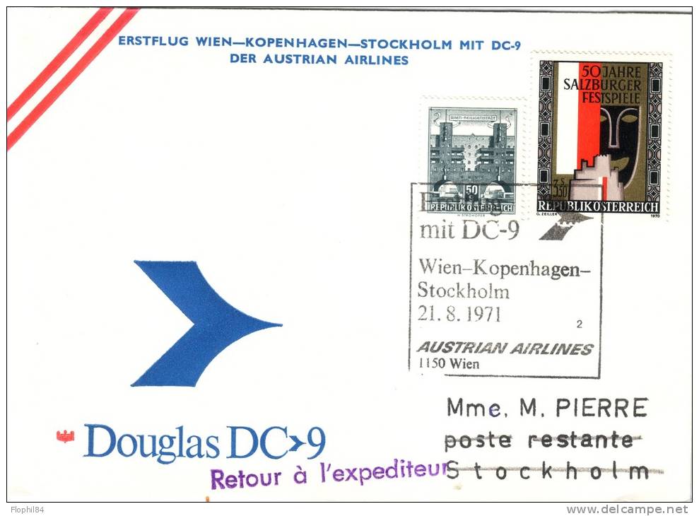 POSTE AERIENNE- VOL DC9 - WIEN-KOPENHAGEN-STOCKHOLM 21-8-1971. - Sonstige & Ohne Zuordnung