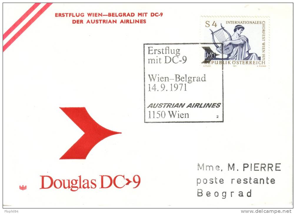 POSTE AERIENNE- VOL DC9 - WIEN-BELGRAD 14-9-1971. - Autres & Non Classés