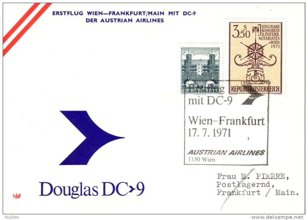 POSTE AERIENNE- VOL DC9 - WIEN-FRANKFURT 17-7-1971. - Sonstige & Ohne Zuordnung