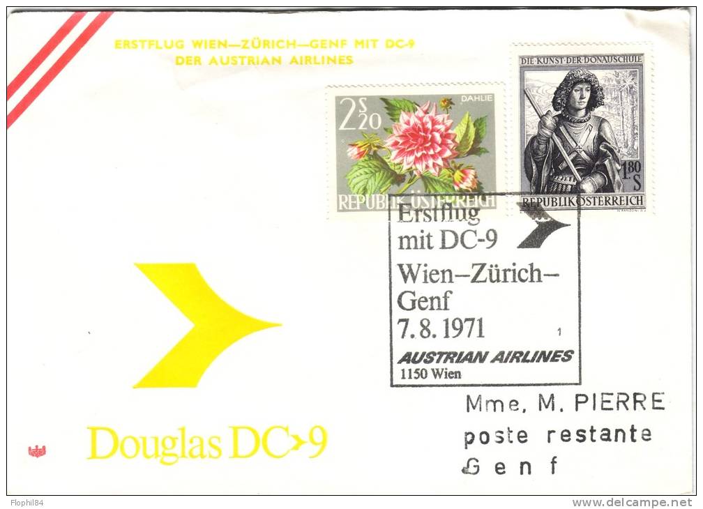 POSTE AERIENNE- VOL DC9 - WIEN-ZURICH 75-8-1971. - Otros & Sin Clasificación