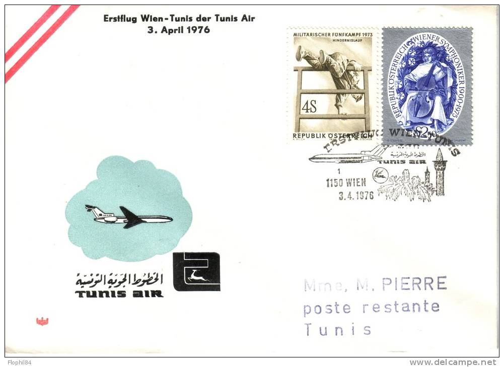 POSTE AERIENNE- VOL DC9 - WIEN-TUNIS   3-4-1976 - PAR AIR TUNIS. - Autres & Non Classés