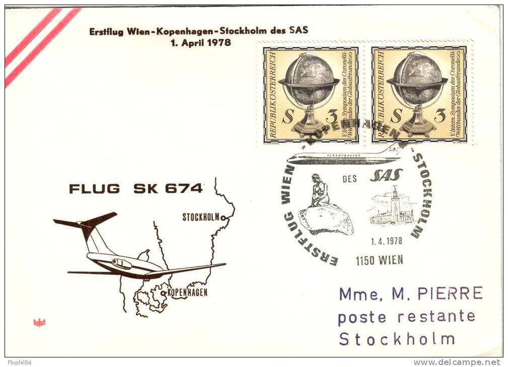 POSTE AERIENNE- VOL - WIEN-KOPENHAGEN-STOCKHOLM  1-4-1978. - Altri & Non Classificati