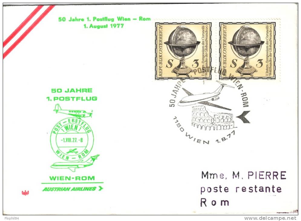 POSTE AERIENNE- VOL - WIEN-ROM  1-8-1977. - Autres & Non Classés