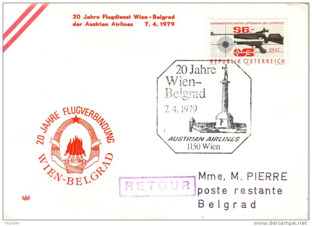 POSTE AERIENNE- VOL - WIEN-BELGRAD  7-4-1979. - Otros & Sin Clasificación