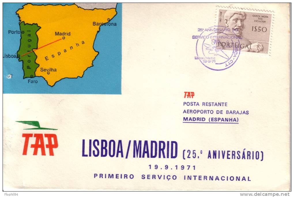 PORTUGAL-VOL LISBOA-MADRID 25e ANNIVERSAIRE - DU 19-9-1971. - Lettres & Documents