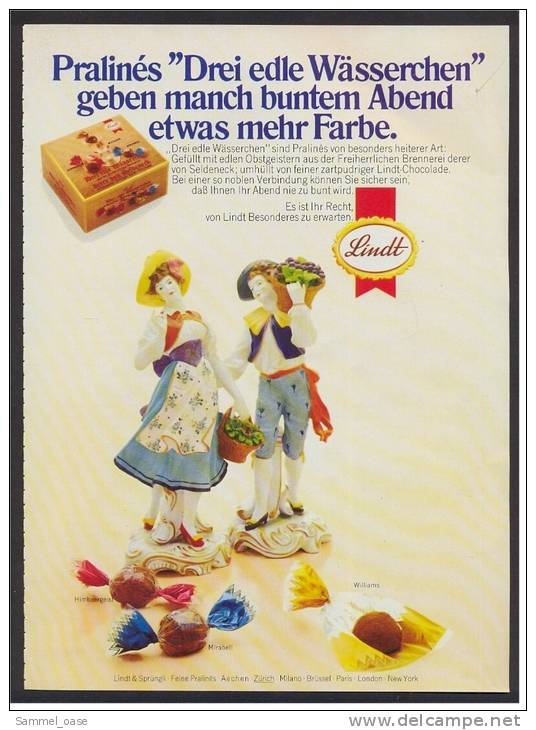 Reklame Werbeanzeige  -  Lindt Pralinen  ,  Pralines "Drei Edle Wässerchen" Geben Manch Buntem Abend Farbe ,  Von 1975 - Cioccolato