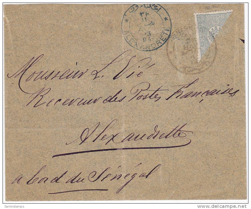 Turkey,Ottoman Cover Sent 1904 Mersine To Alexandretta,fraqnked Bisected  Issue 1 Pia-arriving Date- Rare,folded In The - Lettres & Documents