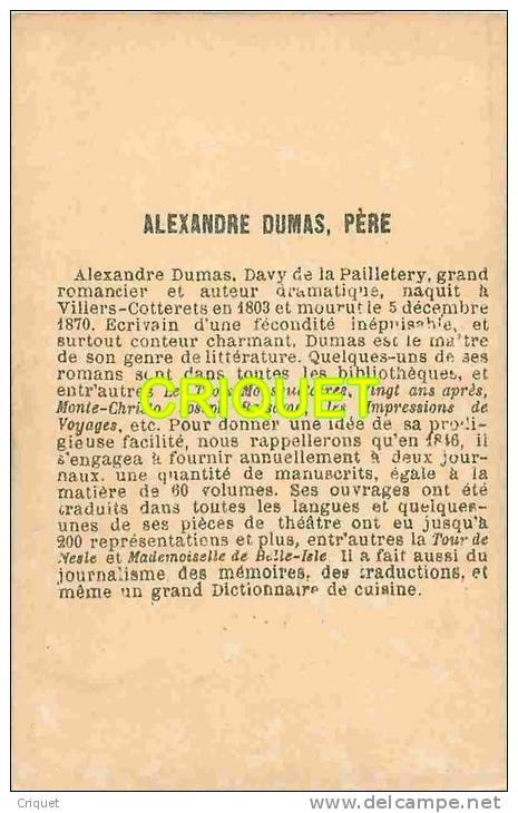 Chromo Dorée Des Célébrités Avec Biographie Au Verso , Alexandre Dumas, Père - Autres & Non Classés