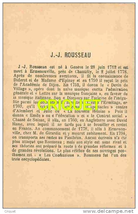 Chromo Dorée Des Célébrités Avec Biographie Au Verso , Jean Jacques Rousseau - Autres & Non Classés