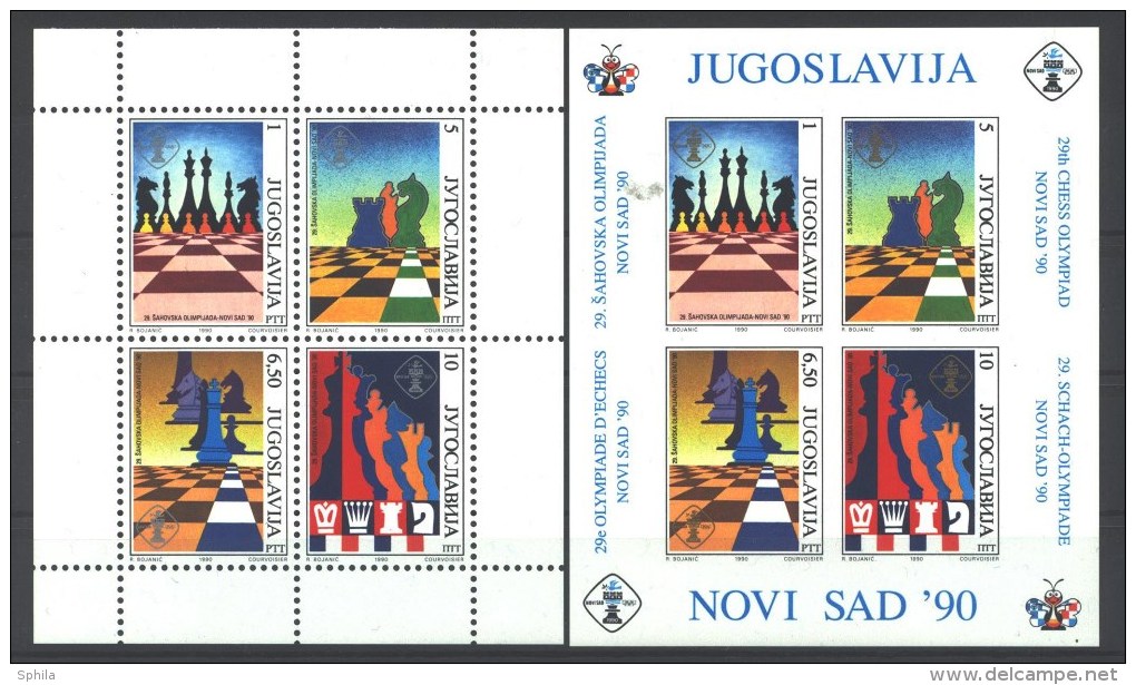 Jugoslawien – Yugoslavia 1990 Chess Olympiad Novi Sad Perf And Imperf Souvenir Sheets MNH, 2 X - Blocks & Sheetlets