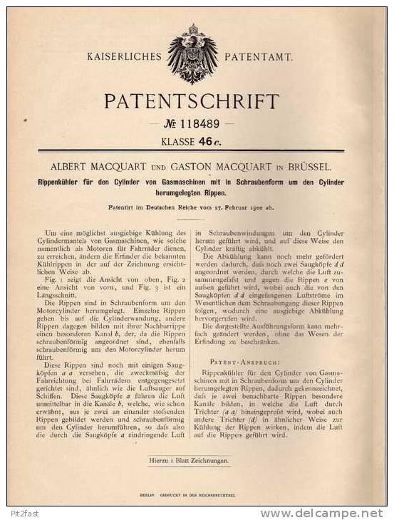 Original Patentschrift - A. Macquart In Brüssel , 1900 , Rippenkühler Für Gasmaschinen !!! - Machines