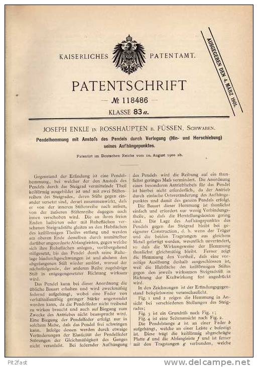 Original Patentschrift - J. Enkle In Rosshaupten B. Füssen , 1900 , Pendelhemmung , Pendel !!! - Historische Dokumente