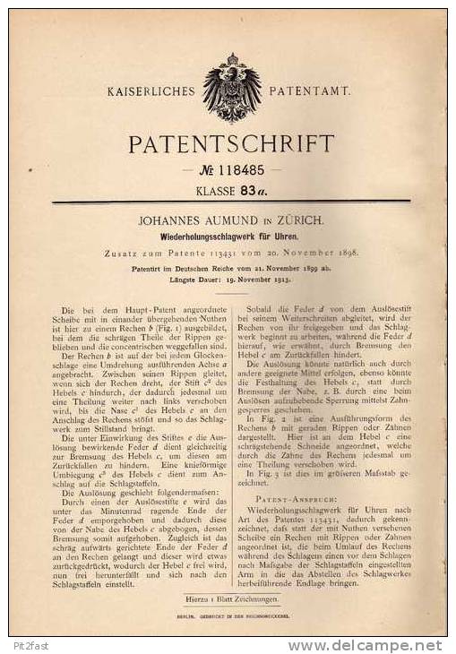 Original Patentschrift - J. Aumund In Zürich , 1899 , Schlagwerk Für Uhren , Uhrmacher !!! - Altri & Non Classificati