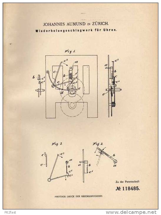 Original Patentschrift - J. Aumund In Zürich , 1899 , Schlagwerk Für Uhren , Uhrmacher !!! - Sonstige & Ohne Zuordnung