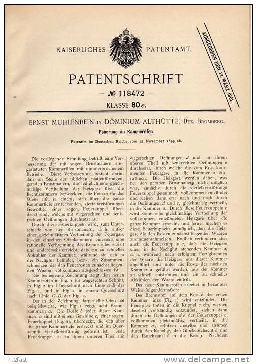 Original Patentschrift - E. Mühlenbein In Dominium Althütte , Bez. Bromberg , 1899 , Feuerung An Kammeröfen !!! - Historische Dokumente