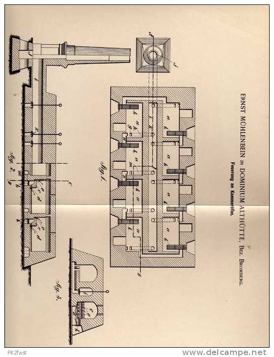 Original Patentschrift - E. Mühlenbein In Dominium Althütte , Bez. Bromberg , 1899 , Feuerung An Kammeröfen !!! - Historische Dokumente