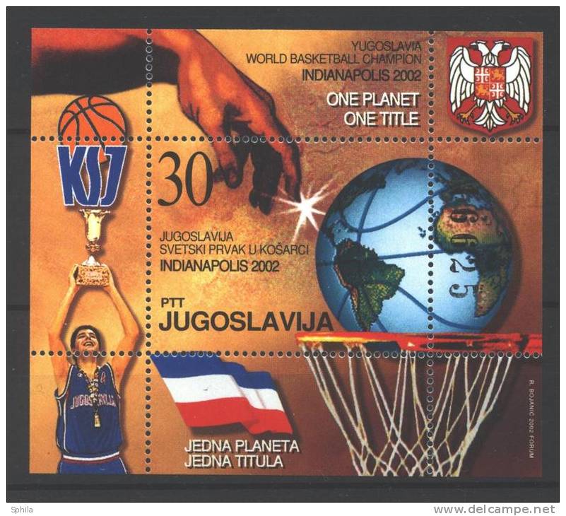 Jugoslawien – Yugoslavia 2002 Gold Medal, World Basketball Championships Souvenir Sheet MNH, 20 X; Michel # Block 54 - Blocks & Sheetlets