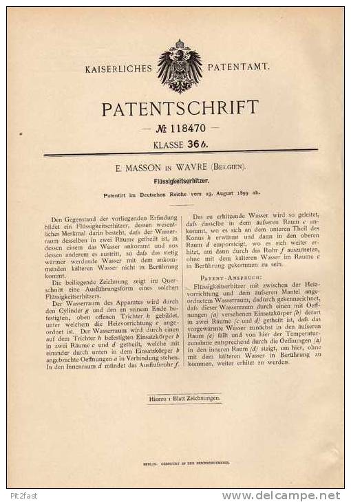 Original Patentschrift - E. Masson In Wavre , 1899 , Erhitzer Für Flüssigkeit !!! - Historische Documenten