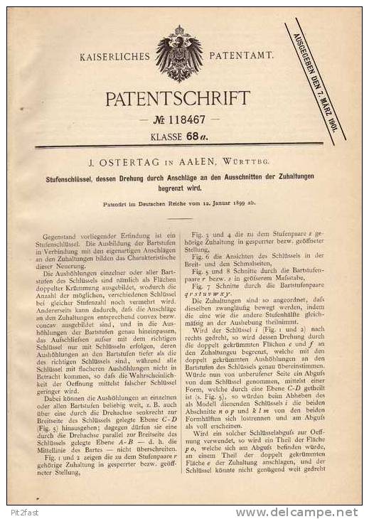 Original Patentschrift - J. Ostertag In Aalen , Württbg., 1899 , Stufenschlüssel !!! - Historische Dokumente