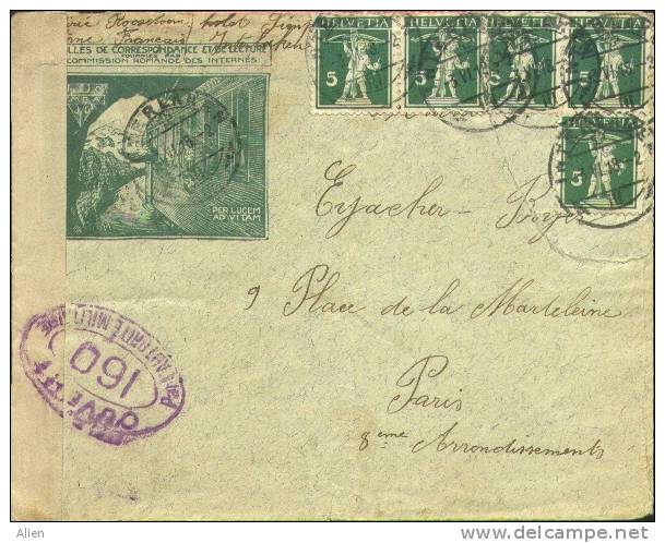 5 X 5 Rp Suisse Sur Enveloppe D'un Interné Français Interlaken Vers Paris + Censure. - Guerre De 1914-18