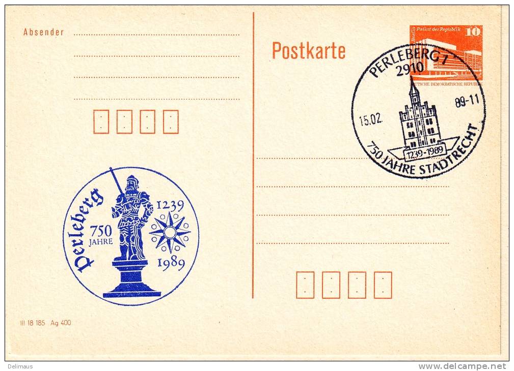 Privatganzsache Perleberg 750 Jahre Stadtrecht Roland - Postkaarten - Gebruikt