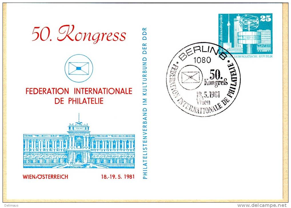 Privatganzsache Berlin Wien 50. Kongress Federation Internationale De Philatelie - Cartes Postales Privées - Oblitérées