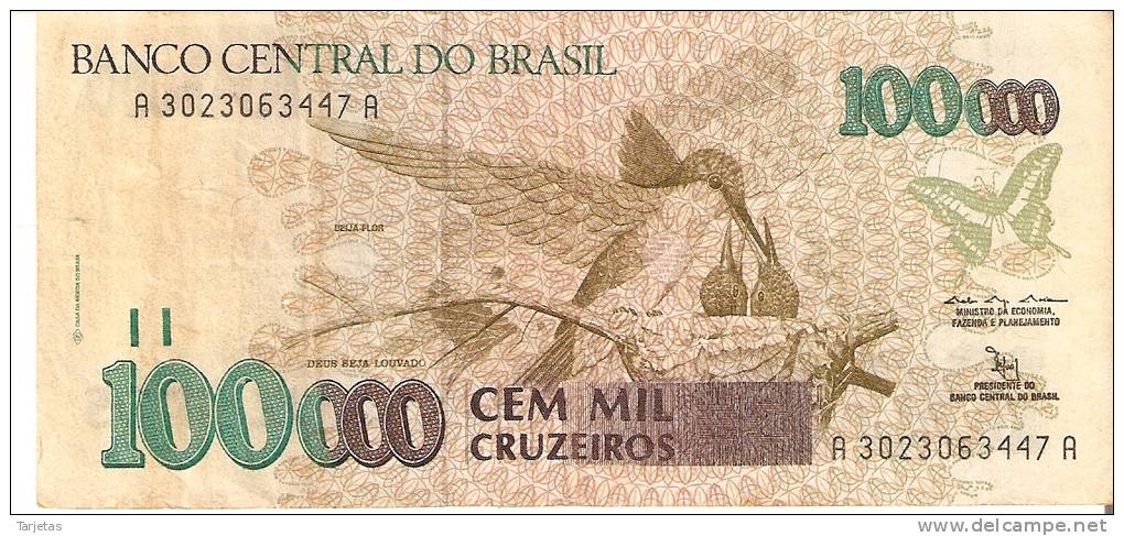 BILLETE DE BRASIL DE 100000 CRUZEIROS  (BANK NOTE) COLIBRI-MARIPOSA-BUTTERFLY - Brasil