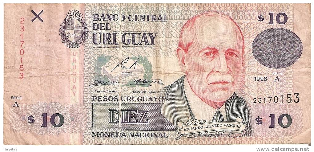 BILLETE DE URUGUAY DE 10 PESOS DEL AÑO 1998  (BANK NOTE) - Uruguay