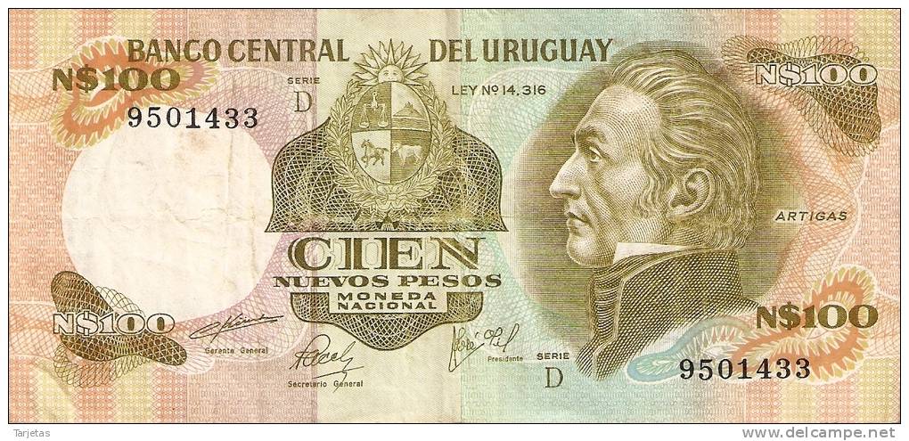 BILLETE DE URUGUAY DE 100 NUEVOS PESOS  (BANKNOTE) - Uruguay