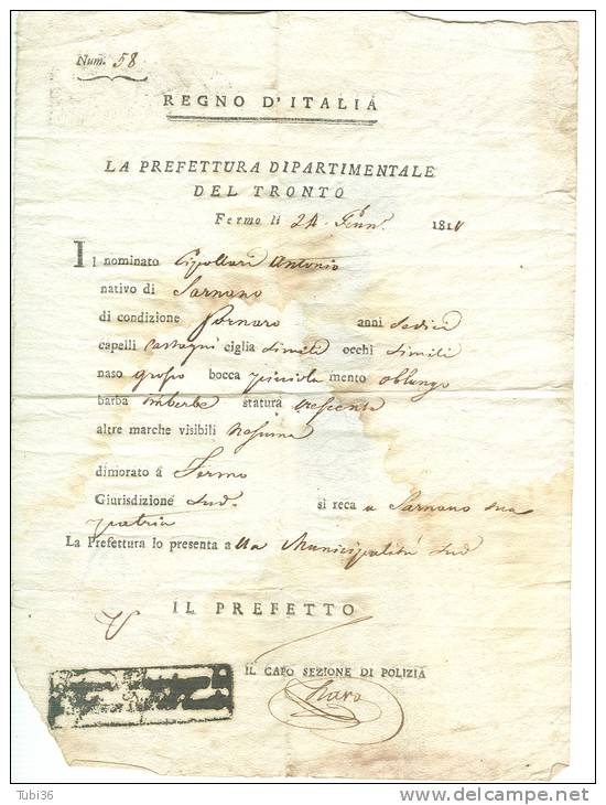 REGNO D'ITALIA, Dipartimento Del Tronto,  Fermo 1811, Permesso Di Transito, Per Sarnano, - Documents Historiques