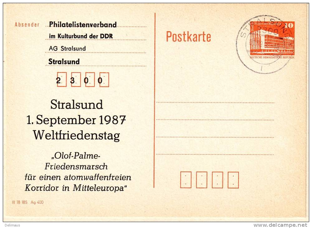 Privatganzsache Stralsund Weltfriedenstag Olof Palme Atomwaffenfrei - Postcards - Used