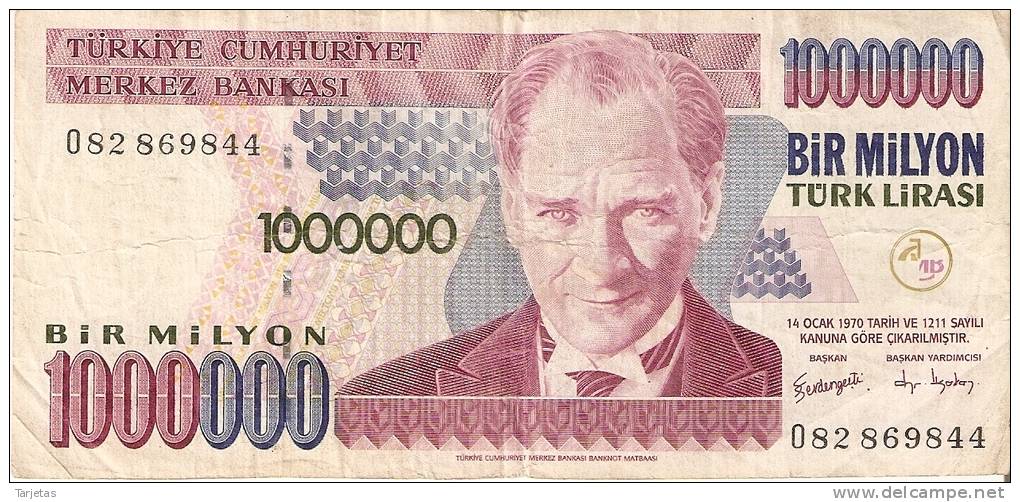 BILLETE DE TURQUIA DE 1000000 LIRASI DEL AÑO 1970 (BANKNOTE) - Turquia
