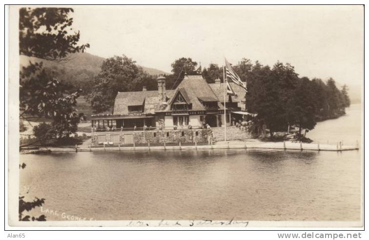 Bolton Landing, Lake George NY New York, Lake George Club, Dock Flags On Lake, 1920s Vintage Real Photo Postcard - Adirondack