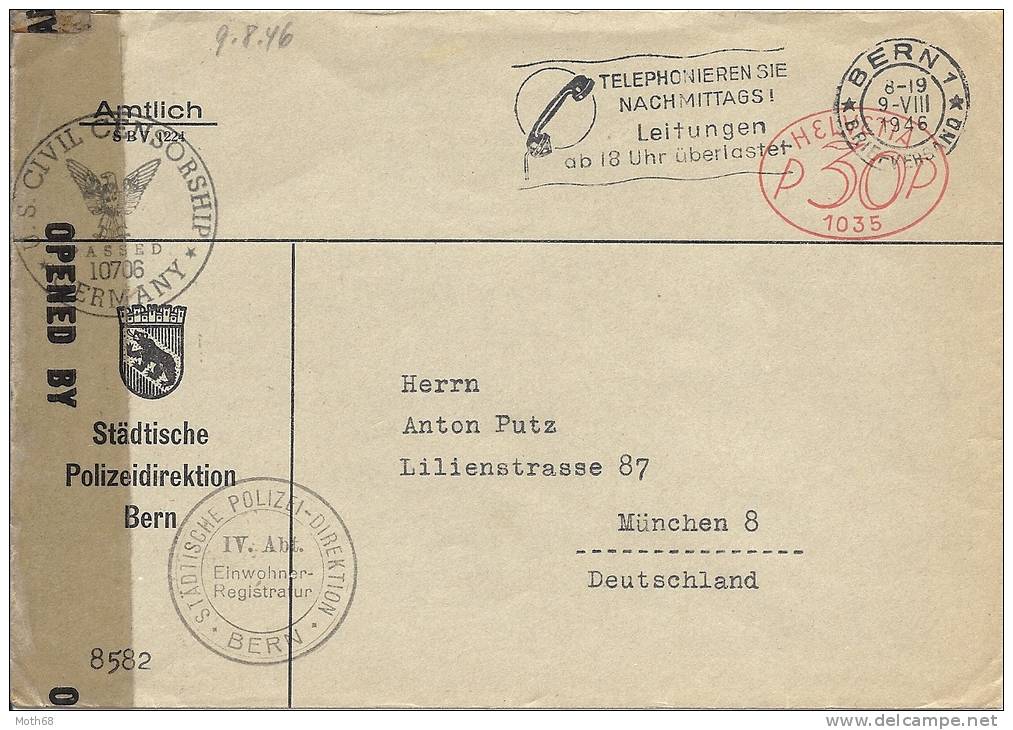 1946 Städtische Polizeidirektion Bern Amtlicher Zensurbrief Nach München Deutschland - Affranchissements Mécaniques