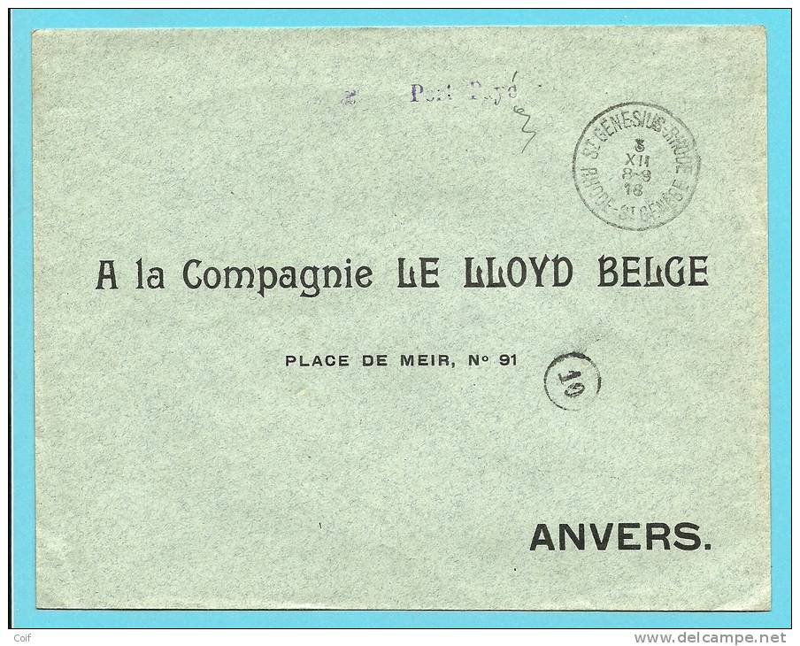 Brief Met Stempel ST-GENESIUS-RHDE / RHODE-ST-GENESE Met Stempel PORT  PAYE   In Violet !! - Fortune Cancels (1919)