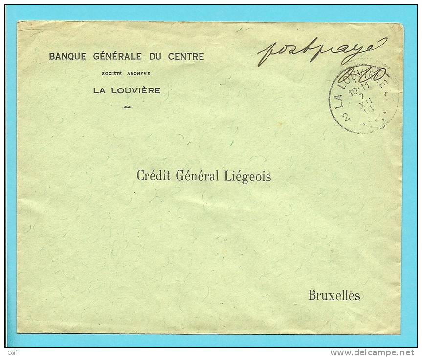 Brief Met Stempel LA LOUVIERE Met Pen Geschreven PORT PAYE (noodstempel) - Noodstempels (1919)