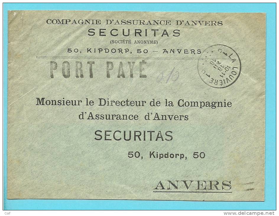 Brief Met Cirkelstempel LA LOUVIERE 1C  Met Stempel PORT PAYE (noodstempel) - Fortune Cancels (1919)