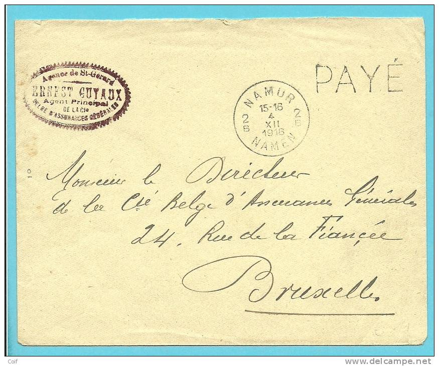 Brief Met Cirkelstempel NAMUR / NAMEN 2B  Met Stempel  PAYE (noodstempel) - Fortune Cancels (1919)