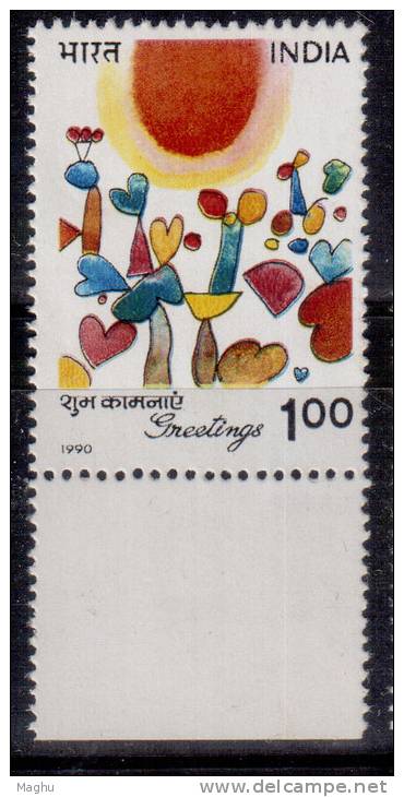 India MNH 1990, 50p Greetings, Hearts, Flower, - Nuevos