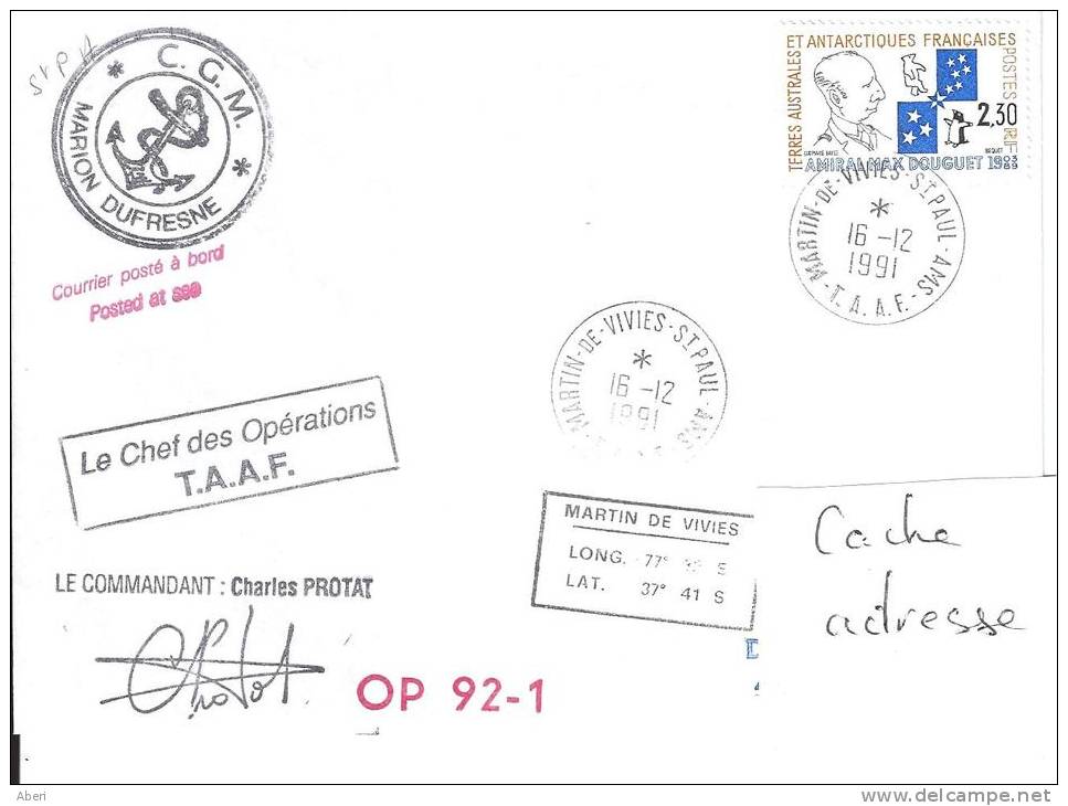 8408  MARION DUFRESNE - OP 92-1 - St PAUL & AMSTERDAM - Lettres & Documents