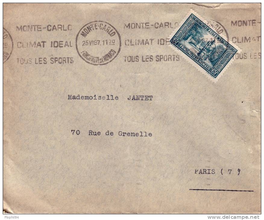 MONACO-MONTE CARLO/CLIMAT IDEAL/TOUS LES SPORTS - OBLITERATION MECANIQUE DU 25-8-1937 - Sonstige & Ohne Zuordnung