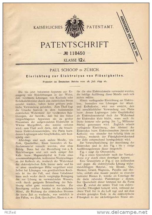Original Patentschrift - P. Schoop In Zürich , 1899 , Elektrolyse Von Flüssigkeiten  !!! - Historische Dokumente