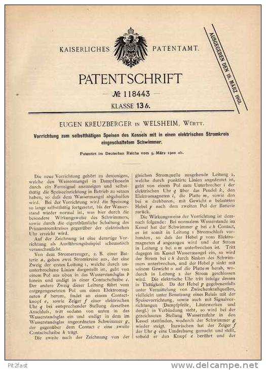 Original Patentschrift - E. Kreuzberger In Welsheim , 1900 , Speisung Von Dampfkesseln !!! - Historische Dokumente