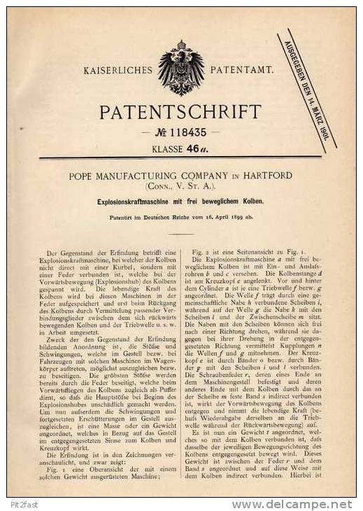 Original Patentschrift - Pope Manufacturing In Hartford , 1899 , Explosionsmaschine Mit Freiem Kolben !!! - Tools