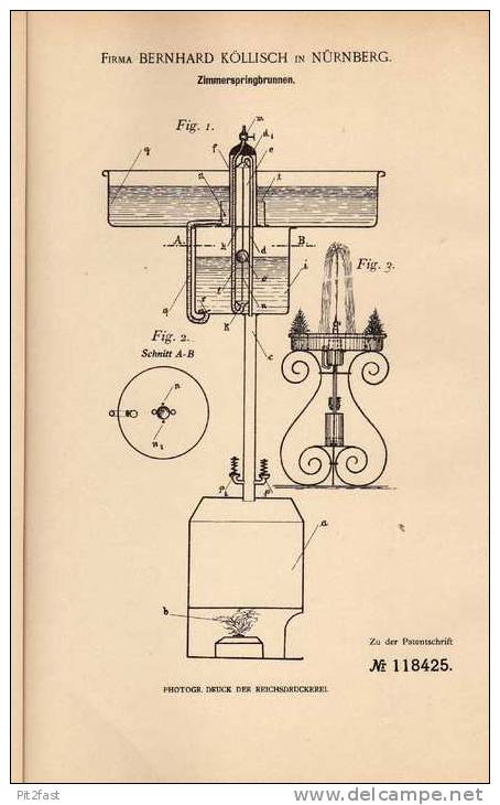 Original Patentschrift - Zimmerspringbrunnen , 1900 , Fa. Köllisch In Nürnberg , Springbrunnen !!! - Autres & Non Classés
