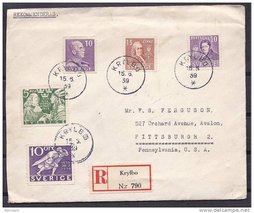 Sweden1939:Michel228,245,272-3,256A On Registered Letter To USA - Lettres & Documents