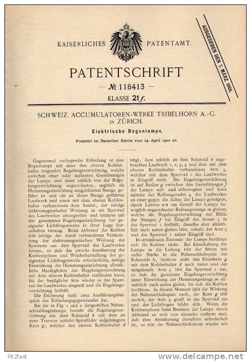 Original Patentschrift - Accumulatorenwerk Tribelhorn AG In Zürich , 1900 , Elektrische Bogenlampe !!! - Lámparas Y Arañas